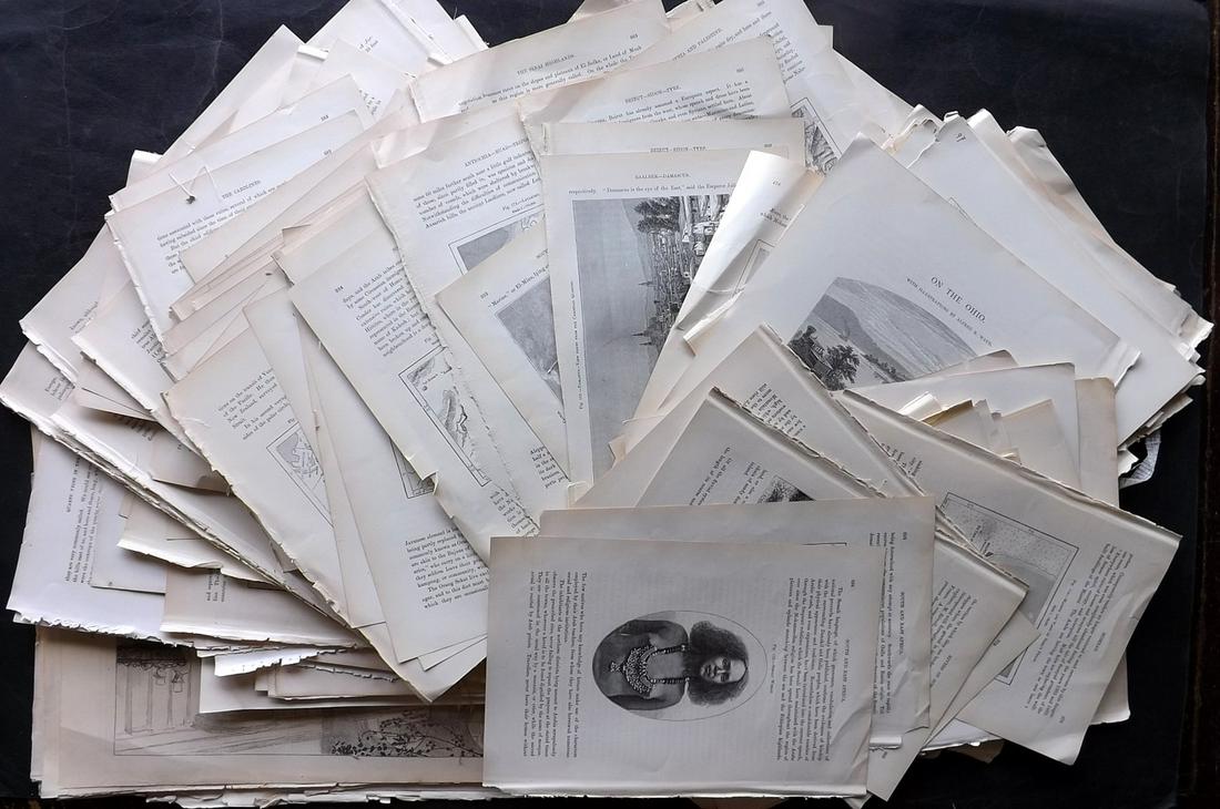 Views, Travel, Plans 19th Cent. Lot of 400 Illustrated Sheets: 400 Illustrated Sheets, mostly Wood Engravings. With verso and surrounding text. Incl UK, France, Holy Land, Africa, Austria, Switzerland, Australia, Pacific, USA, India, Germany etc. Examples from Th