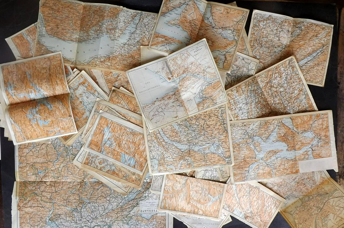 Baedeker, Karl 1907 Lot of 74 Maps of Switzerland etc: Lithograph Maps Published 1907, Leipzig for "Switzerland and the adjacent portions of Italy, Savoy, and Tyrol" by Karl Baedeker. Folds as issued. Paper Size: Up to 16 x 11 inch (40 x 28cm) Good Condit