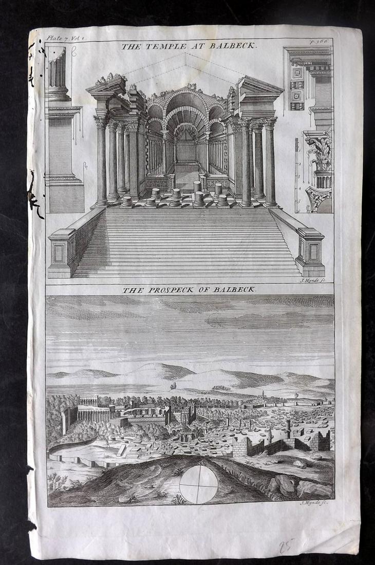 Sale & Psalmanazar C1740 Folio Print. Balbeck Temple & Prospect, Lebanon: Folio Copper Plate Published 1736-44, London for "An Universal history, from the earliest account of time..." First and Folio Edition by George Sale, George Psalmanazar et al. Paper Size: 13.5 x 8.5 i