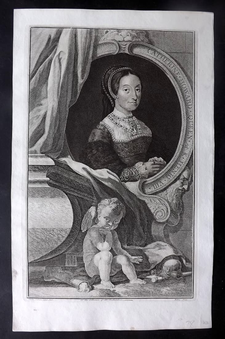 Houbraken, Jacobus 1743 Folio Portrait. Catherine Howard Queen of Henry VIII: Folio Copper Plate Published London, 1743-52 for "Heads of Illustrious Persons of Great Britain" by Thomas Birch. Engraved by Jacobus Houbraken. Paper Size: 16.5 x 10 inch (42 x 26cm) Good Condition