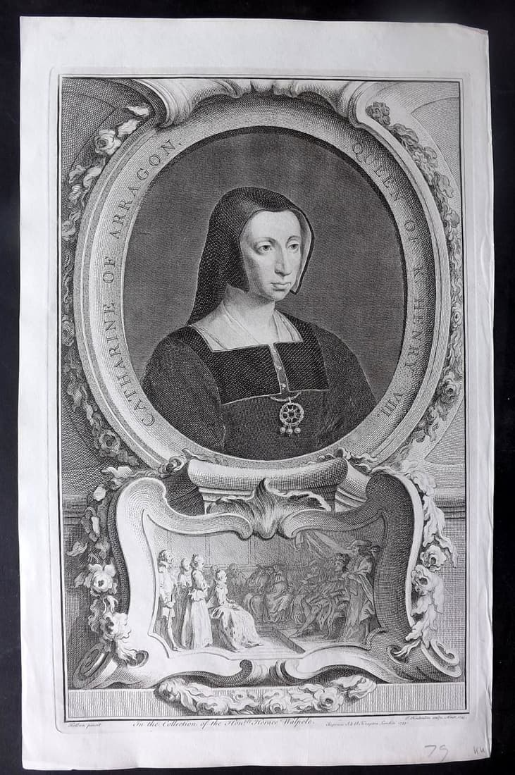 Houbraken, Jacobus 1743 Folio Portrait. Catherine of Arragon Queen of Henry VIII: Folio Copper Plate Published London, 1743-52 for "Heads of Illustrious Persons of Great Britain" by Thomas Birch. Engraved by Jacobus Houbraken. Paper Size: 16.5 x 10 inch (42 x 26cm) Good Condition