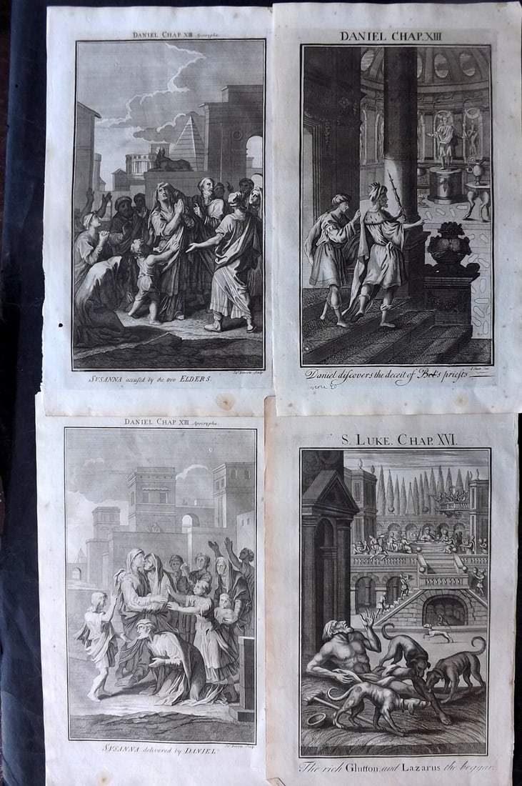Smith, Samuel 1735 Lot of 4 Folio Religious Prints: Folio Copper Plates Published 1735, London for "The Compleat History of the Old and New Testaments; Or, a Family Bible…" by Samuel Smith. Paper Size: 16 x 9.5 inch (40 x 24cm) Good Condition