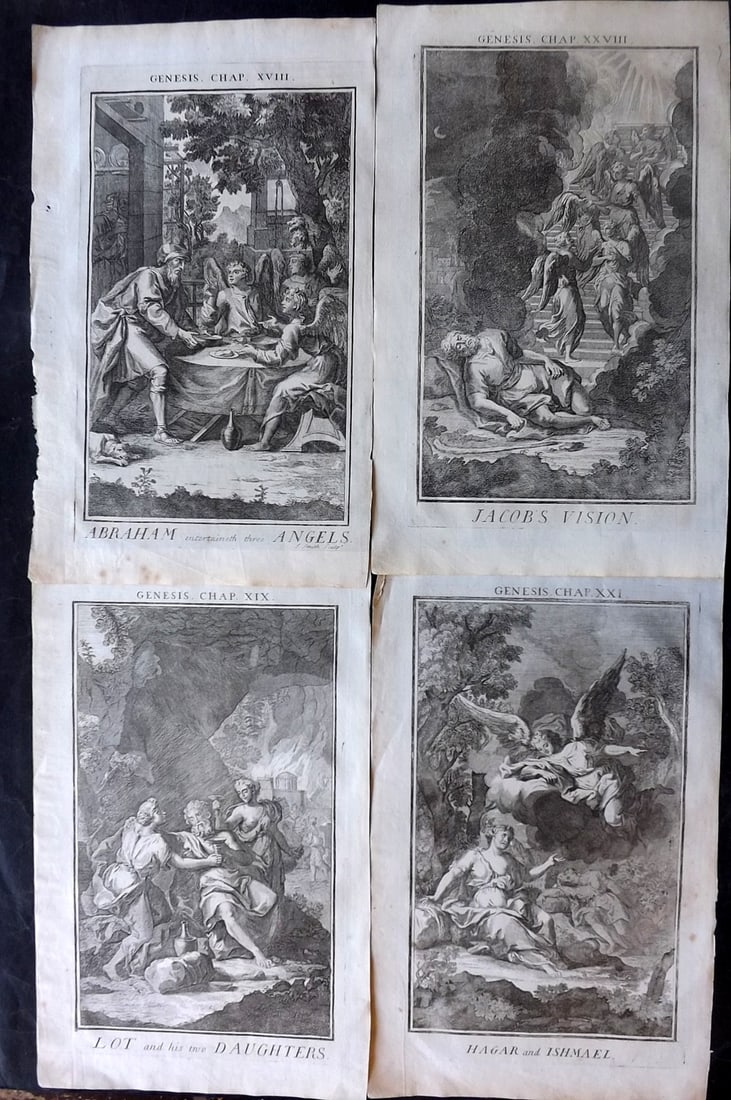 Smith, Samuel 1735 Lot of 4 Folio Religious Prints: Folio Copper Plates Published 1735, London for "The Compleat History of the Old and New Testaments; Or, a Family Bible…" by Samuel Smith. Paper Size: 16 x 9.5 inch (40 x 24cm) Good Condition