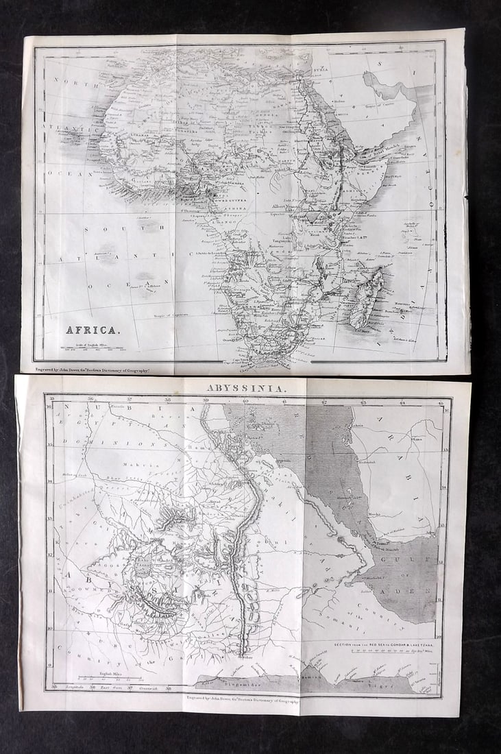Beeton, Samuel 1868 Pair of Maps. Africa & Abyssinia: Lithograph Maps Published 1868, London for "Beeton’s Dictionary Of Geography" by Samuel Orchart Beeton. Folds as issued. Paper Size: 10 x 8 inch (26 x 20cm) Good Condition