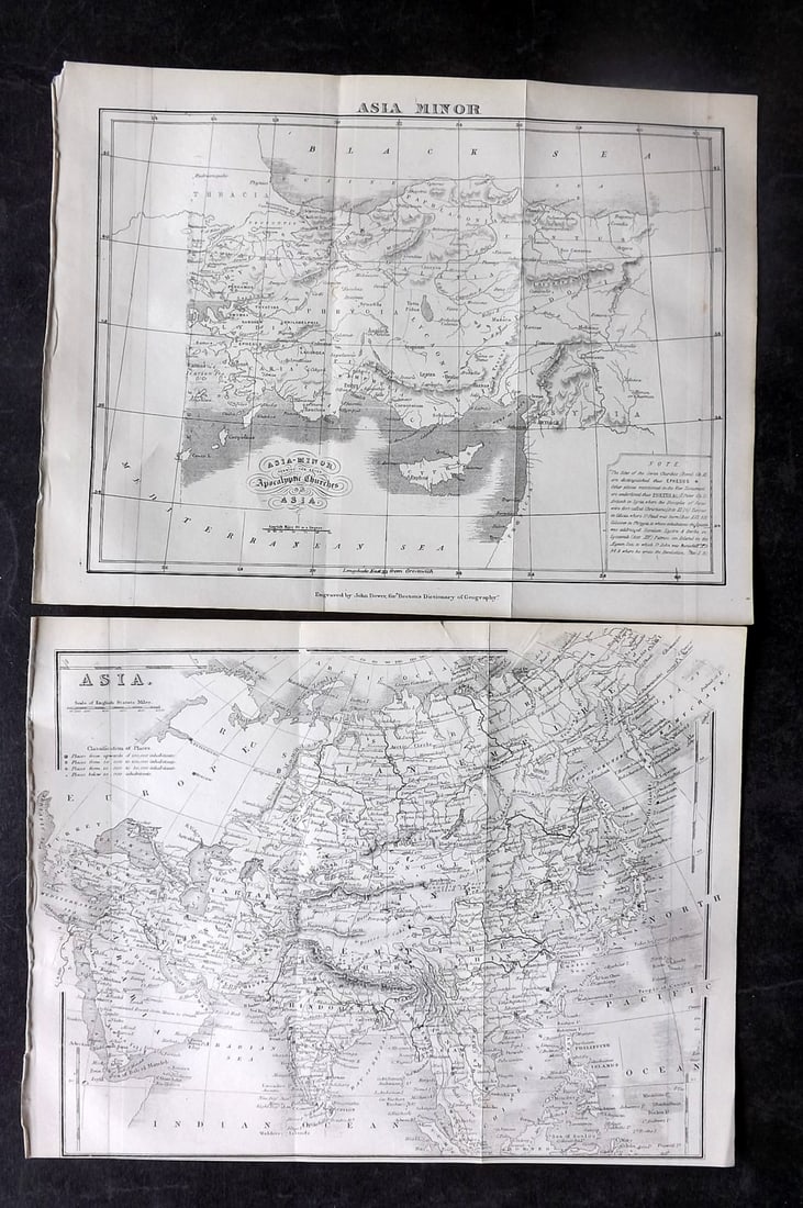 Beeton, Samuel 1868 Pair of Maps. Asia & Asia Minor: Lithograph Maps Published 1868, London for "Beeton’s Dictionary Of Geography" by Samuel Orchart Beeton. Folds as issued. Paper Size: 10 x 8 inch (26 x 20cm) Good Condition