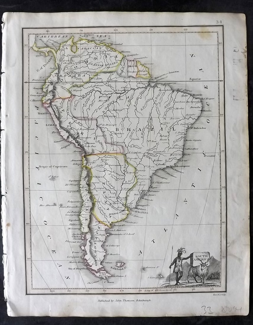 Thomson, John (Pub) 1825 Map. South America: Copper Engraved Map Published 1825 by John Thomson, Edinburgh for "The Edinburgh School Atlas" by N. R. Hewitt. Maps Engraved by Hewitt. Original Outline Hand Colour. Rare. Paper Size: 10.5 x 8 inch (