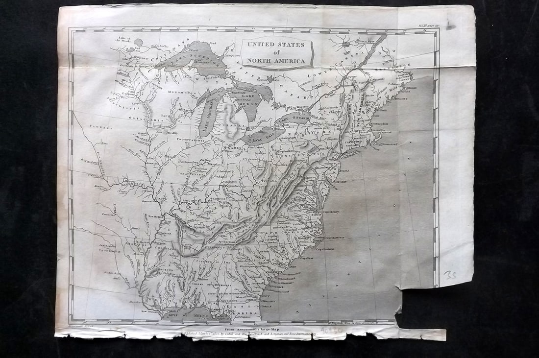 Pinkerton, John 1811 Map. United States of America (Faults): Copper Engraved Map Published 1811, London for "Modern Geography. A Description of the Empires, Kingdoms, States and Colonies..." by John Pinkerton. Paper Size: 11 x 8.5 inch (28 x 21cm) Folds as boun
