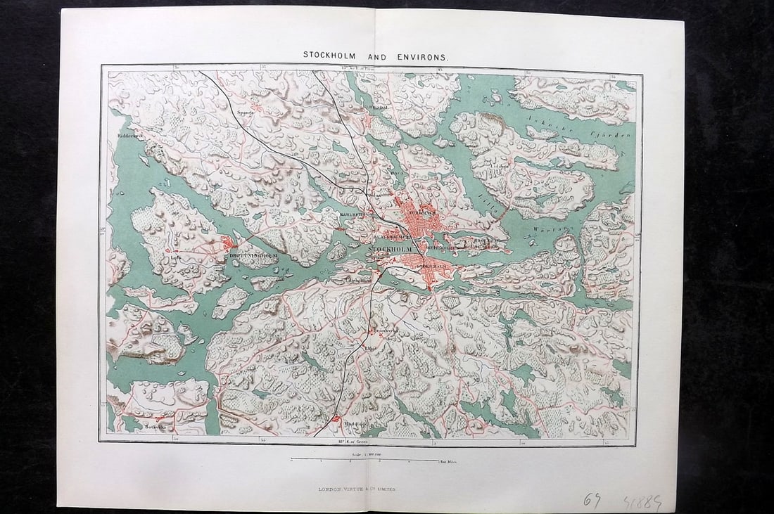 Reclus, Elisee C1880 Antique Map. Stockholm and Environs Sweden: Lithograph Map Published 1876-94, London for "The Universal Geography" by Elisee Reclus. Edited by A. H. Keane. Reverse side blank. Centre fold as published. Paper Size: 13 x 10.5 inch (33 x 27cm) Goo