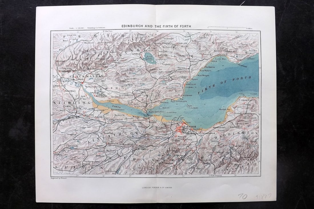 Reclus, Elisee C1880 Antique Map. Edinburgh and the Firth of Forth Scotland: Lithograph Map Published 1876-94, London for "The Universal Geography" by Elisee Reclus. Edited by A. H. Keane. Reverse side blank. Centre fold as published. Paper Size: 13 x 10.5 inch (33 x 27cm) Goo