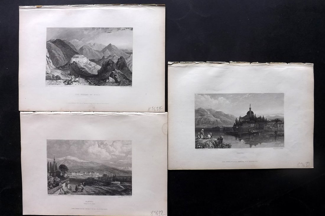Finden & Byron 1833 Lot of 3 Steel Engraved Views. Albania: Steel Engravings Published 1833, London for "Letters and Journals of Lord Byron: with Notices of His Life" by Thomas Moore. Illustrated by Turner, Stanfield et al. Engraved by the Finden Brothers. Pap