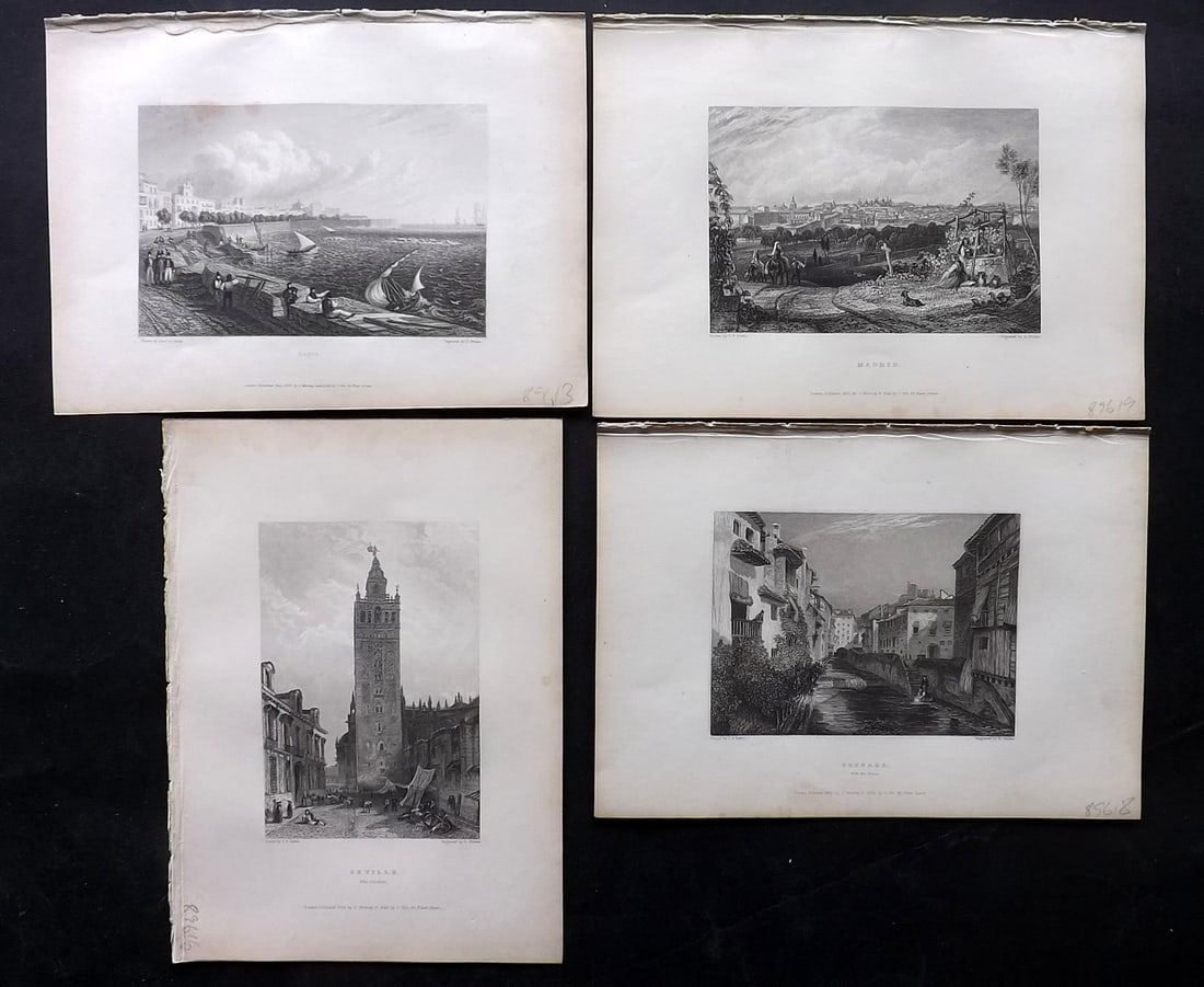 Finden & Byron 1833 Lot of 5 Steel Engraved Views. Spain: Steel Engravings Published 1833, London for "Letters and Journals of Lord Byron: with Notices of His Life" by Thomas Moore. Illustrated by Turner, Stanfield et al. Engraved by the Finden Brothers. Pap