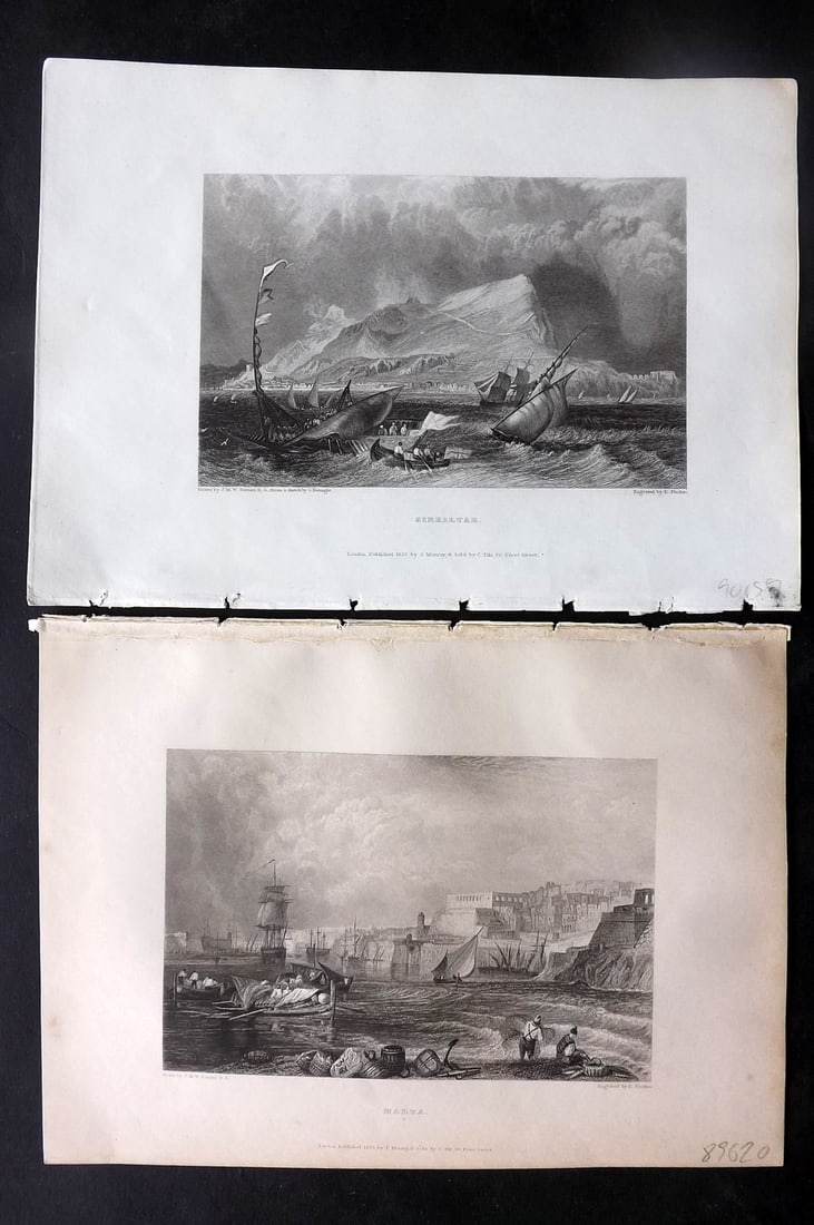 Finden & Byron 1833 Pair of Steel Engraved Views. Malta & Gibraltar: Steel Engravings Published 1833, London for "Letters and Journals of Lord Byron: with Notices of His Life" by Thomas Moore. Illustrated by Turner, Stanfield et al. Engraved by the Finden Brothers. Pap