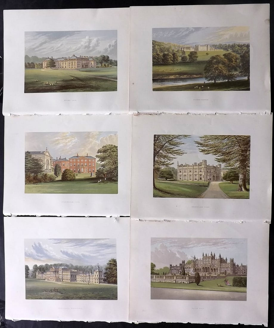 Morris Seats C1870 Lot of 6 British Color Woodblock Views: Color Printed Woodblock Published 1866-1880 by William Mckenzie, London for "Picturesque Views of Seats of Noblemen and Gentlemen of Great Britain and Ireland" by the Rev. F. O. Morris. Printed by Ben