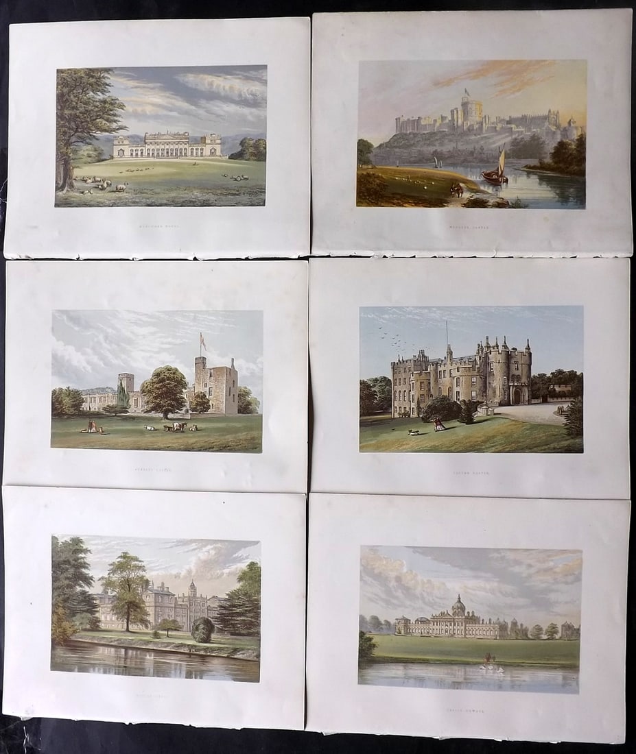 Morris Seats C1870 Lot of 6 British Color Woodblock Views: Color Printed Woodblock Published 1866-1880 by William Mckenzie, London for "Picturesque Views of Seats of Noblemen and Gentlemen of Great Britain and Ireland" by the Rev. F. O. Morris. Printed by Ben