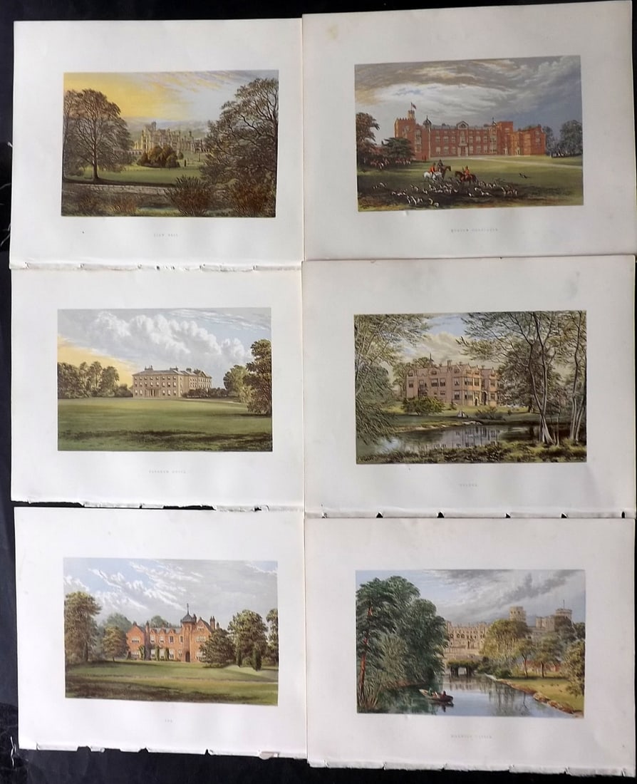 Morris Seats C1870 Lot of 6 British Color Woodblock Views: Color Printed Woodblock Published 1866-1880 by William Mckenzie, London for "Picturesque Views of Seats of Noblemen and Gentlemen of Great Britain and Ireland" by the Rev. F. O. Morris. Printed by Ben