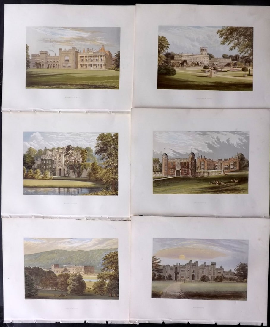 Morris Seats C1870 Lot of 6 British Color Woodblock Views: Color Printed Woodblock Published 1866-1880 by William Mckenzie, London for "Picturesque Views of Seats of Noblemen and Gentlemen of Great Britain and Ireland" by the Rev. F. O. Morris. Printed by Ben