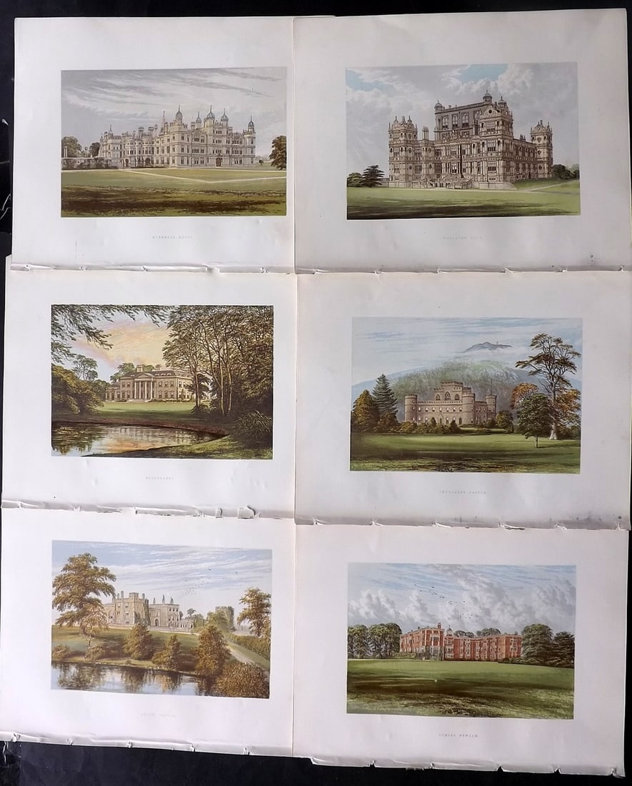 Morris Seats C1870 Lot of 6 British Color Woodblock Views: Color Printed Woodblock Published 1866-1880 by William Mckenzie, London for "Picturesque Views of Seats of Noblemen and Gentlemen of Great Britain and Ireland" by the Rev. F. O. Morris. Printed by Ben