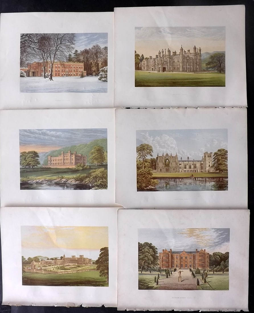 Morris Seats C1870 Lot of 6 British Color Woodblock Views: Color Printed Woodblock Published 1866-1880 by William Mckenzie, London for "Picturesque Views of Seats of Noblemen and Gentlemen of Great Britain and Ireland" by the Rev. F. O. Morris. Printed by Ben
