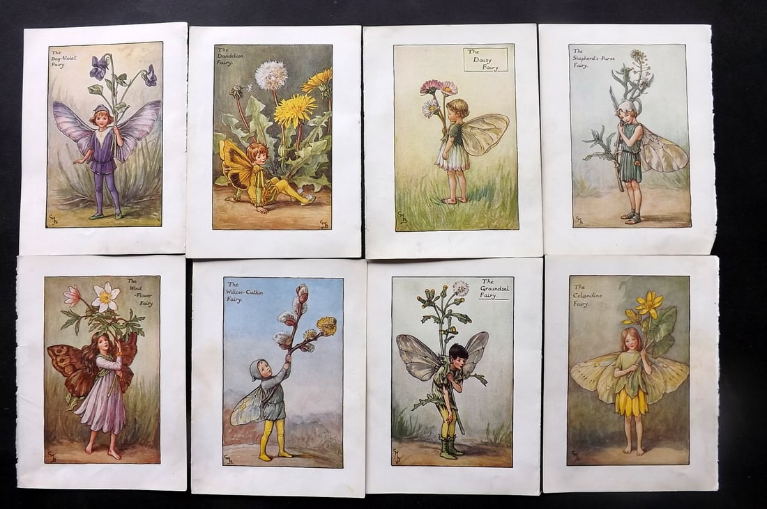 Barker, Cicely Mary C1940 Lot of 8 Flower-Fairy Prints - Spring Fairies: Spring Fairies. Lithographs Published C1935-45 by Blackie & Son, London & Glasgow for the "Flower-Fairies" Series by Cicely Mary Barker. Reverse side blank. Paper Size: 5.5 x 4 inch (14 x 10cm) Good C
