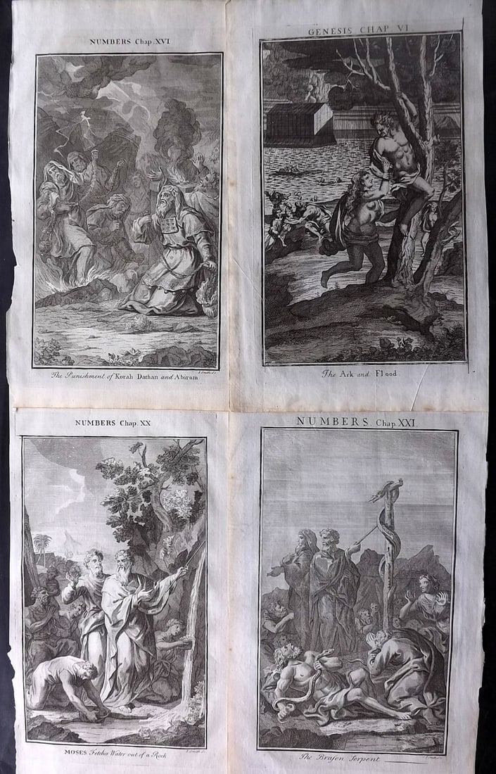 Smith, Samuel 1735 Lot of 4 Folio Religious Prints: Folio Copper Plates Published 1735, London for "The Compleat History of the Old and New Testaments; Or, a Family Bible…" by Samuel Smith. Paper Size: 16 x 9.5 inch (40 x 24cm) Good Condition