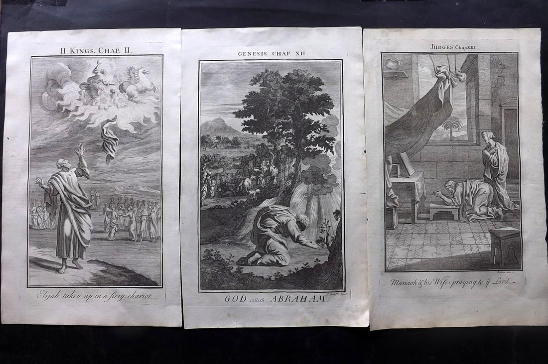 Smith, Samuel 1735 Lot of 5 Folio Religious Prints: Folio Copper Plates Published 1735, London for "The Compleat History of the Old and New Testaments; Or, a Family Bible…" by Samuel Smith. Paper Size: 16 x 9.5 inch (40 x 24cm) Good Condition
