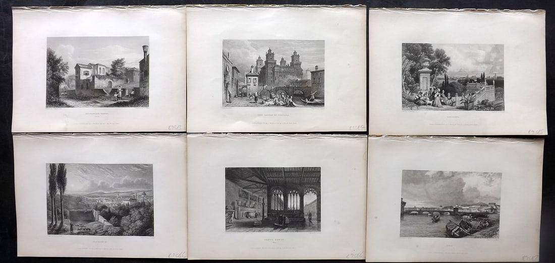 Finden & Byron 1833 Lot of 7 Steel Engraved Views. Italy: Steel Engravings Published 1833, London for "Letters and Journals of Lord Byron: with Notices of His Life" by Thomas Moore. Illustrated by Turner, Stanfield et al. Engraved by the Finden Brothers. Pap