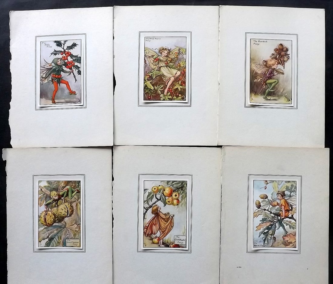 Barker, Cicely Mary C1930's Lot of 6 Flower Fairies. Songs Series: Lithographs Tipped onto thick Wove Paper as issued with Sheet Music to verso. Published C1935-45 by Blackie & Son, London & Glasgow for the "Flower-Fairies" Songs Series by Cicely Mary Barker. Paper S