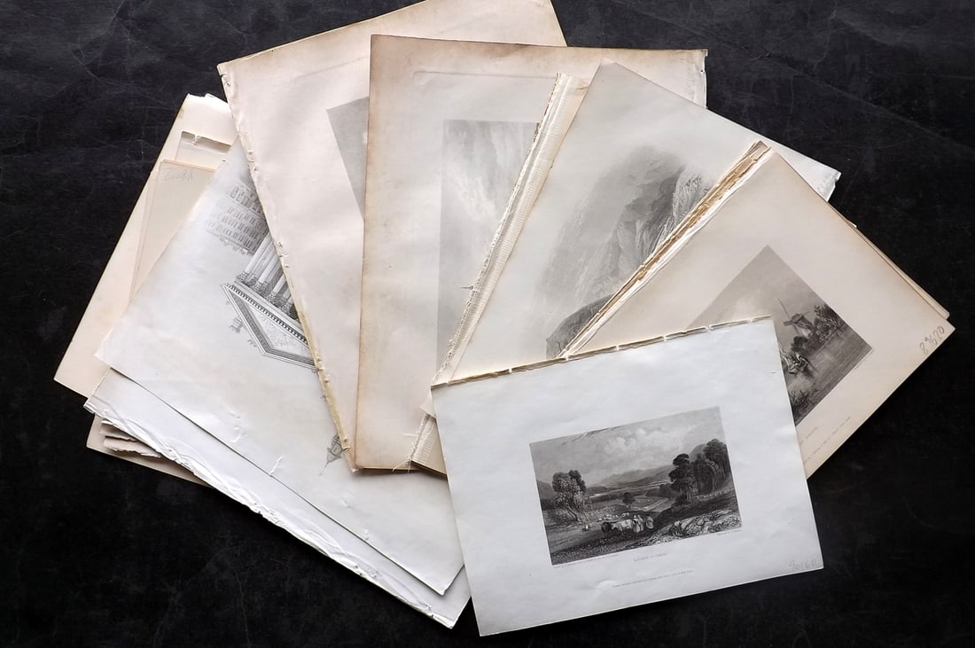 World Views 19th Cent. Lot of 24 Engravings: Steel Engravings, Colour Woodblocks and Wood Engravings (Reverse side blank) Incl Germany, UK, USA, Belgium, Sweden, Madagascar, China, Netherlands, and Afghanistan. Examples by Finden, Reclus, Morris