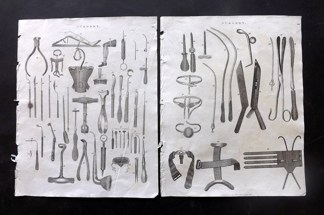 Johnson & Exley 1812 Pair of Medical Prints. Surgery: Copper Plate Pulished 1812, London for "The Imperial Encyclopaedia; Or, Dictionary of the Sciences and Arts" by William Moore Johnson & Thomas Exley. Paper Size: 10.5 x 8.5 inch (27 x 22cm) Some backg