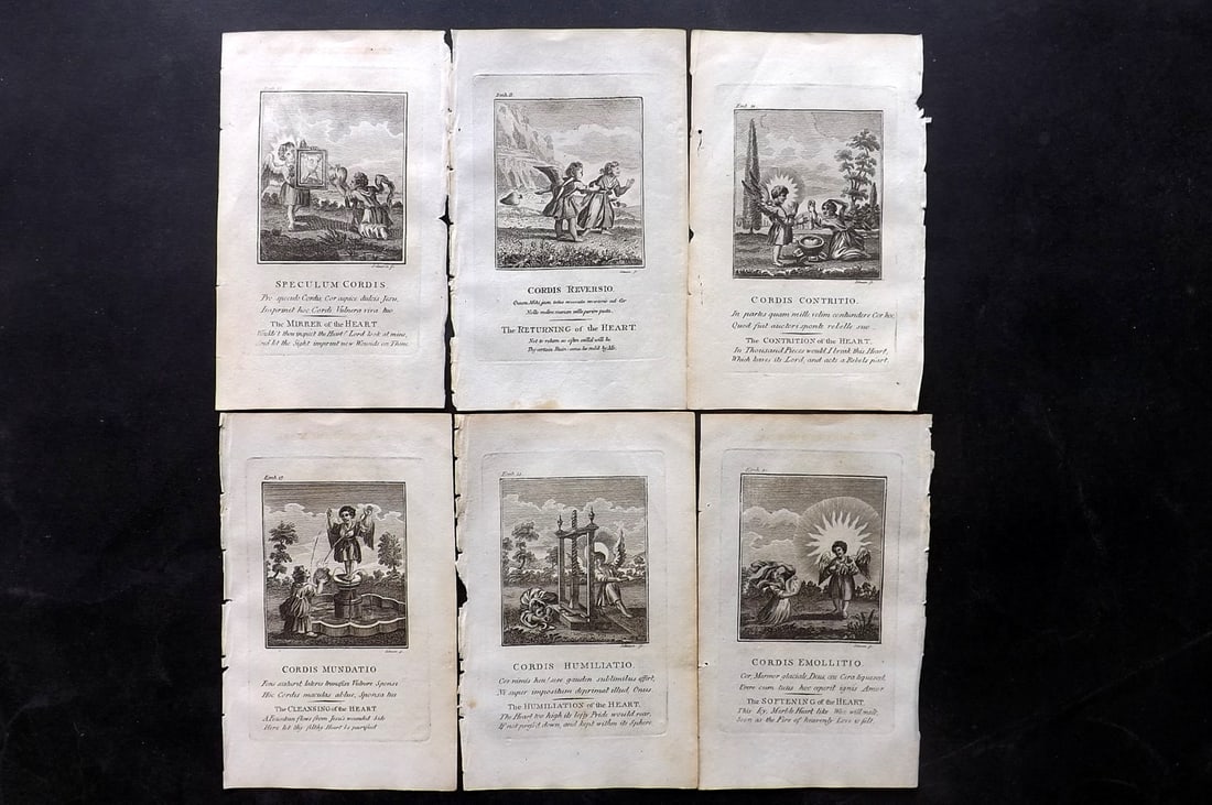 Quarles, Francis 1808 Lot of 6 Antique Emblem Prints: Copper Plate Published 1808, London for "Emblems, Divine and Moral; Together with Hieroglyphics of the Life of Man" by Francis Quarles. Reverse side blank. Paper Size: 6 x 3.5 inch (16 x 9cm) Good Con