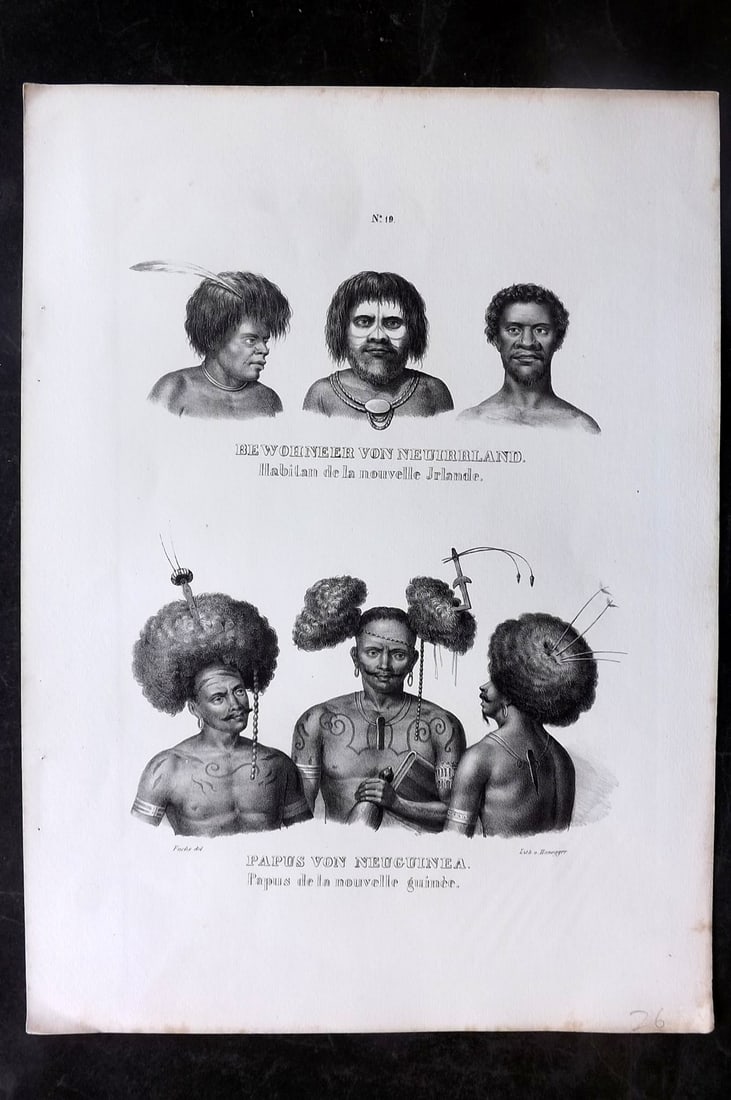 Schinz & Brodtmann C1840 Folio Print. Tatoo Men of Papua, Pacific 19: Folio Lithograph Published 1834-45, Zurich for "Naturgeschichte und Abbildungen der Menschen..." by Heinrich Rudolph Schinz. Lithographed by Karl Joseph Brodtmann. Paper Size: 14.5 x 10.5 inch (37 x 2