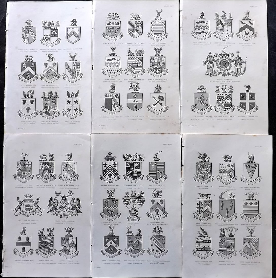 Burke, John 1854 Lot of 6 Antique Heraldry Prints: Steel Engravings Published 1852-54, London for "A Visitation of The Seats and Arms of the Noblemen and Gentlemen of Great Britain" by John Bernard Burke. Paper Size: 10 x 6 inch (25 x 15cm) Very minor