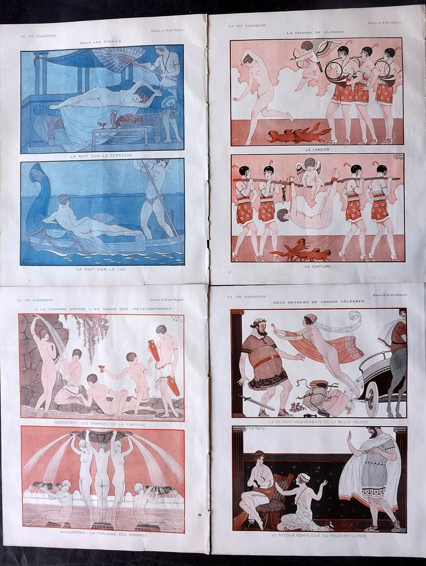 La Vie Parisienne 1928 Lot of 4 Art Deco Prints: Lithographs Published 1928, Paris for "La Vie Parisienne" Illustrated by Lissac, Barbier, Vallet, Valee, Prejelan, Herouard, Fournier, Kuhn-Regnier, Georges Léonnec and others. Verso text, but none s