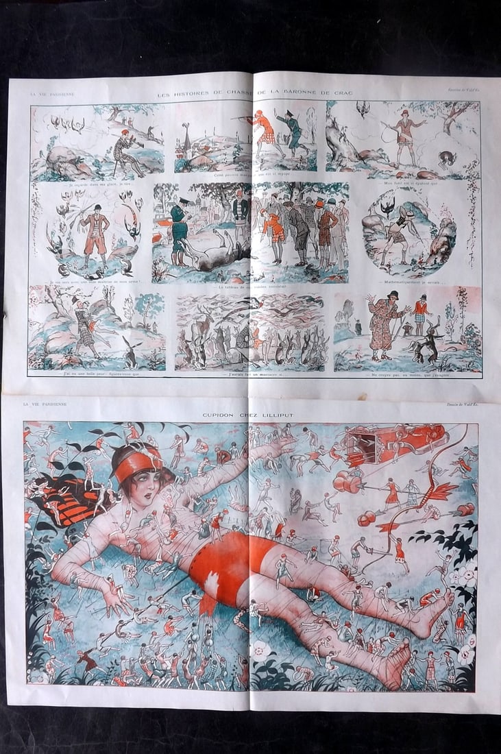 La Vie Parisienne 1928 Pair of Large Folio Double Prints: Lithographs Published 1928, Paris for "La Vie Parisienne" Illustrated by Lissac, Barbier, Vallet, Valee, Prejelan, Herouard, Fournier, Kuhn-Regnier, Georges Léonnec and others. Verso text, but none s
