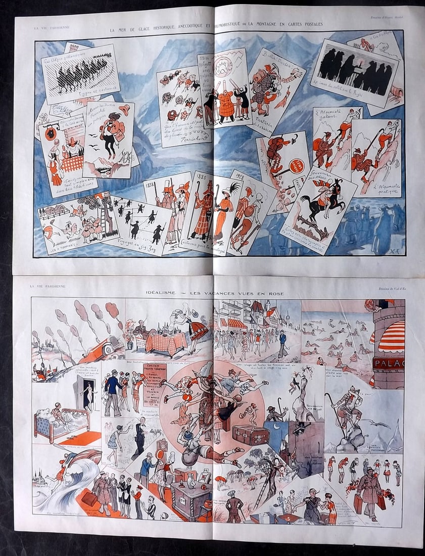 La Vie Parisienne 1928 Pair of Large Folio Double Prints: Lithographs Published 1928, Paris for "La Vie Parisienne" Illustrated by Lissac, Barbier, Vallet, Valee, Prejelan, Herouard, Fournier, Kuhn-Regnier, Georges Léonnec and others. Verso text, but none s