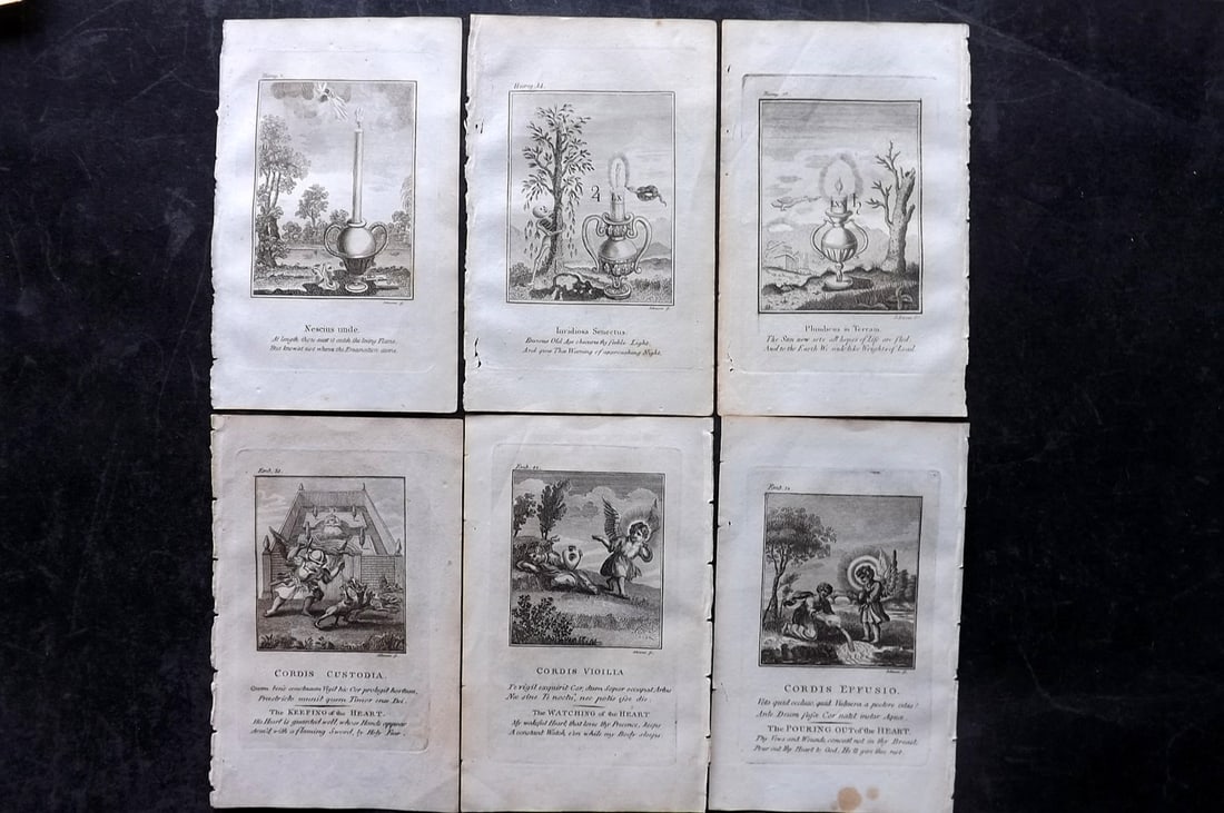 Quarles, Francis 1808 Lot of 6 Antique Emblem Prints: Copper Plate Published 1808, London for "Emblems, Divine and Moral; Together with Hieroglyphics of the Life of Man" by Francis Quarles. Reverse side blank. Paper Size: 6 x 3.5 inch (16 x 9cm) Very min