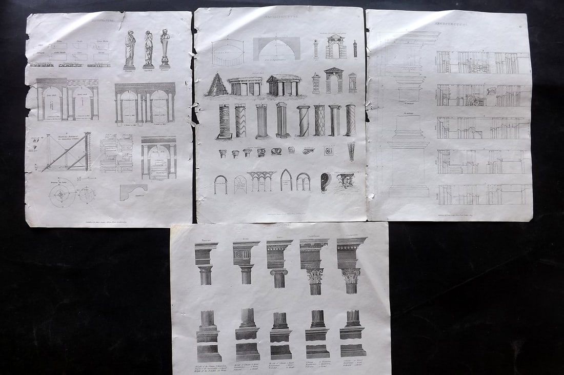 Johnson & Exley 1812 Lot of 4 Architectural Prints: Copper Plate Pulished 1812, London for "The Imperial Encyclopaedia; Or, Dictionary of the Sciences and Arts" by William Moore Johnson & Thomas Exley. Paper Size: 10.5 x 8.5 inch (27 x 22cm) A couple w