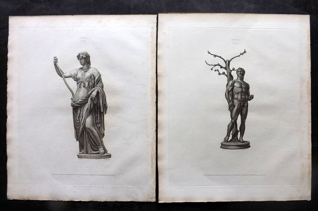 BM Marbles 1818 Pair of Folio Greek Statue Prints. Hercules & Thalia (1 of 2)