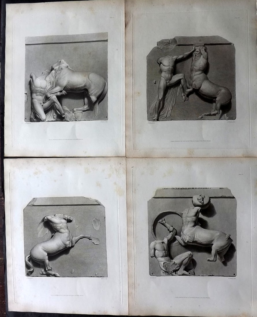 BM Marbles 1835 Lot of 4 Folio Prints. Greek Metopes: Copper Plates Published 1812-61, London for "A Description of the Collection of Ancient Marbles in the British Museum" by the British Museum, Department of Greek and Roman Antiquities. Paper Size: 13.