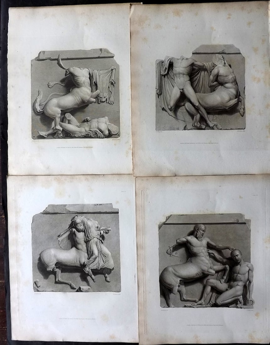 BM Marbles 1835 Lot of 4 Folio Prints. Greek Metopes: Copper Plates Published 1812-61, London for "A Description of the Collection of Ancient Marbles in the British Museum" by the British Museum, Department of Greek and Roman Antiquities. Paper Size: 13.