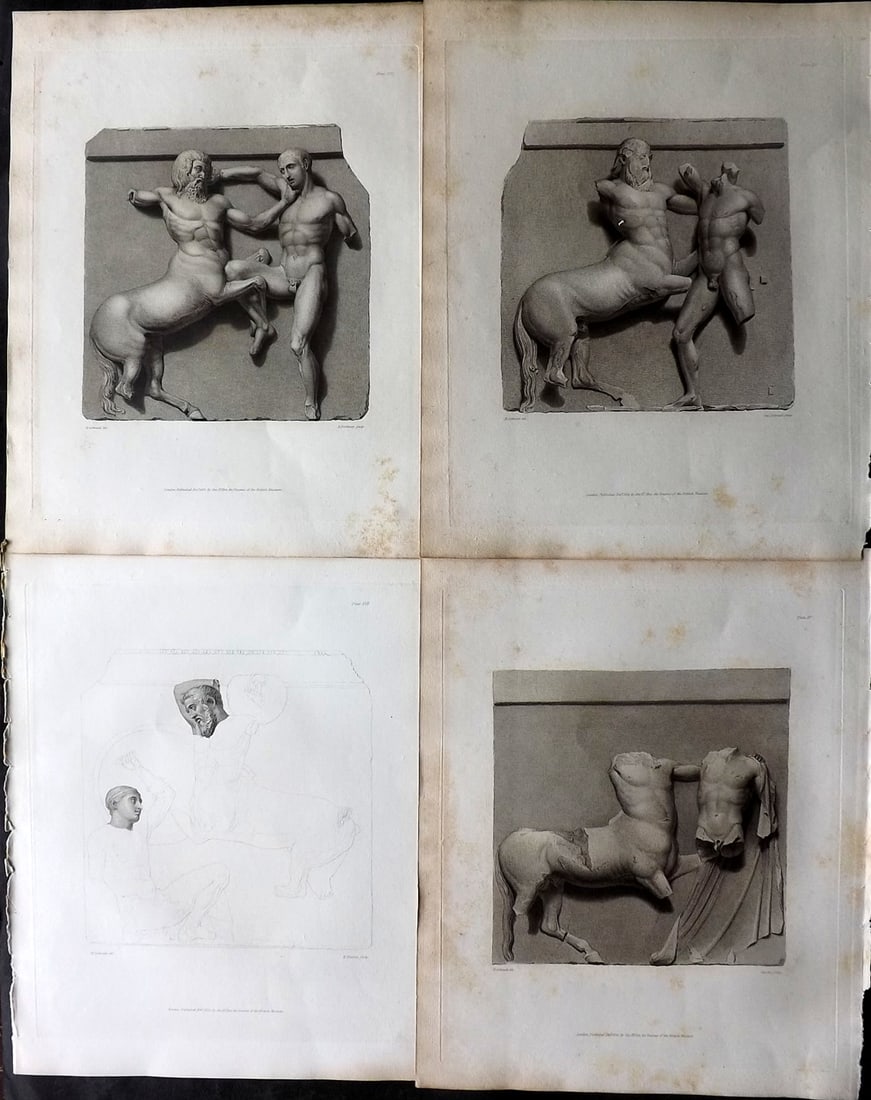 BM Marbles 1835 Lot of 4 Folio Prints. Greek Metopes: Copper Plates Published 1812-61, London for "A Description of the Collection of Ancient Marbles in the British Museum" by the British Museum, Department of Greek and Roman Antiquities. Paper Size: 13.