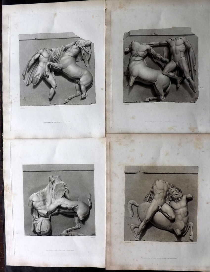 BM Marbles 1835 Lot of 4 Folio Prints. Greek Metopes: Copper Plates Published 1812-61, London for "A Description of the Collection of Ancient Marbles in the British Museum" by the British Museum, Department of Greek and Roman Antiquities. Paper Size: 13.