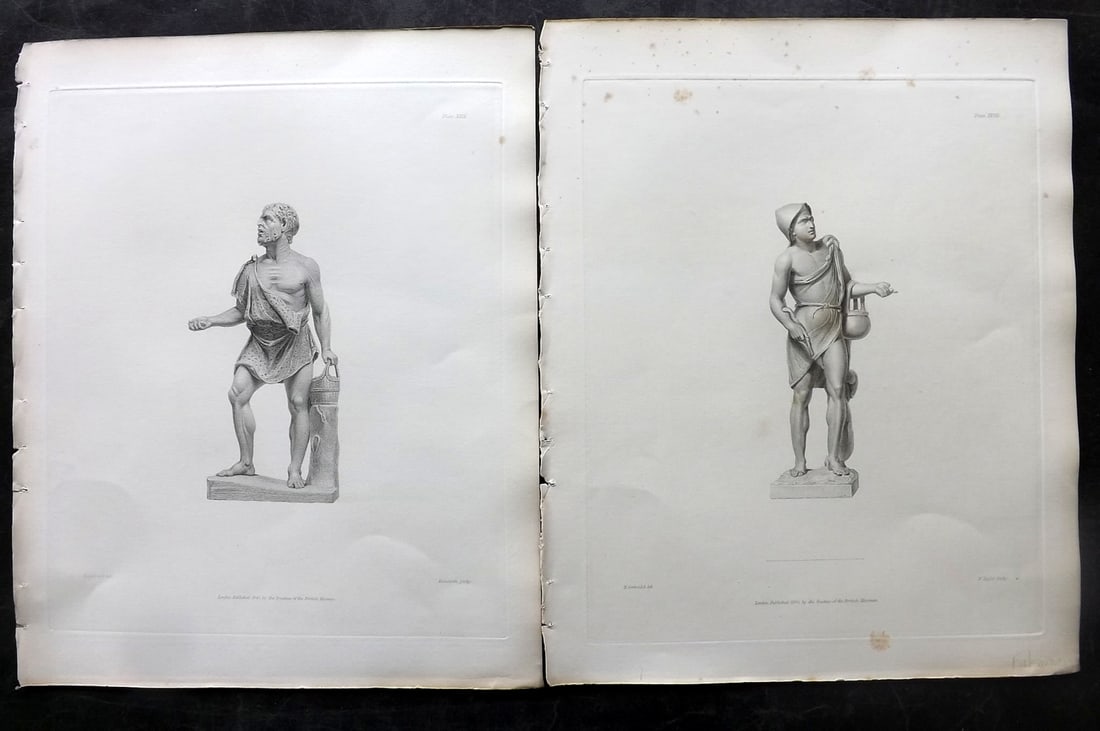 BM Marbles 1845 Pair of Folio Statue Prints. Fishermen: Steel Engravings Published 1812-61, London for "A Description of the Collection of Ancient Marbles in the British Museum" by the British Museum, Department of Greek and Roman Antiquities. Paper Size: