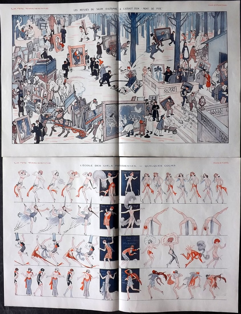 La Vie Parisienne 1928 Pair of Large Folio Double Prints: Lithographs Published 1928, Paris for "La Vie Parisienne" Illustrated by Lissac, Barbier, Vallet, Valee, Prejelan, Herouard, Fournier, Kuhn-Regnier, Georges Léonnec and others. Verso text, but none s