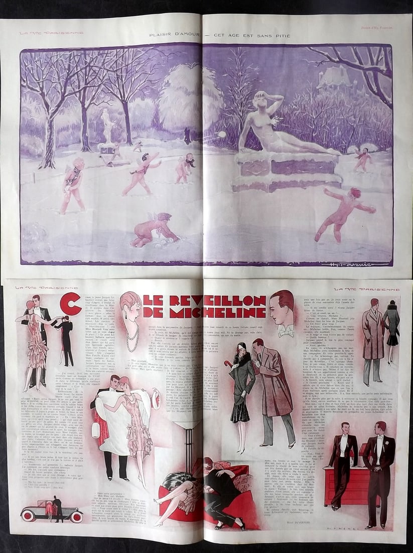 La Vie Parisienne 1928 Pair of Large Folio Double Prints: Lithographs Published 1928, Paris for "La Vie Parisienne" Illustrated by Lissac, Barbier, Vallet, Valee, Prejelan, Herouard, Fournier, Kuhn-Regnier, Georges Léonnec and others. Verso text, but none s