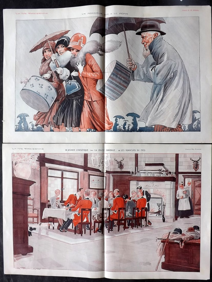 La Vie Parisienne 1928 Pair of Large Folio Double Prints: Lithographs Published 1928, Paris for "La Vie Parisienne" Illustrated by Lissac, Barbier, Vallet, Valee, Prejelan, Herouard, Fournier, Kuhn-Regnier, Georges Léonnec and others. Verso text, but none s