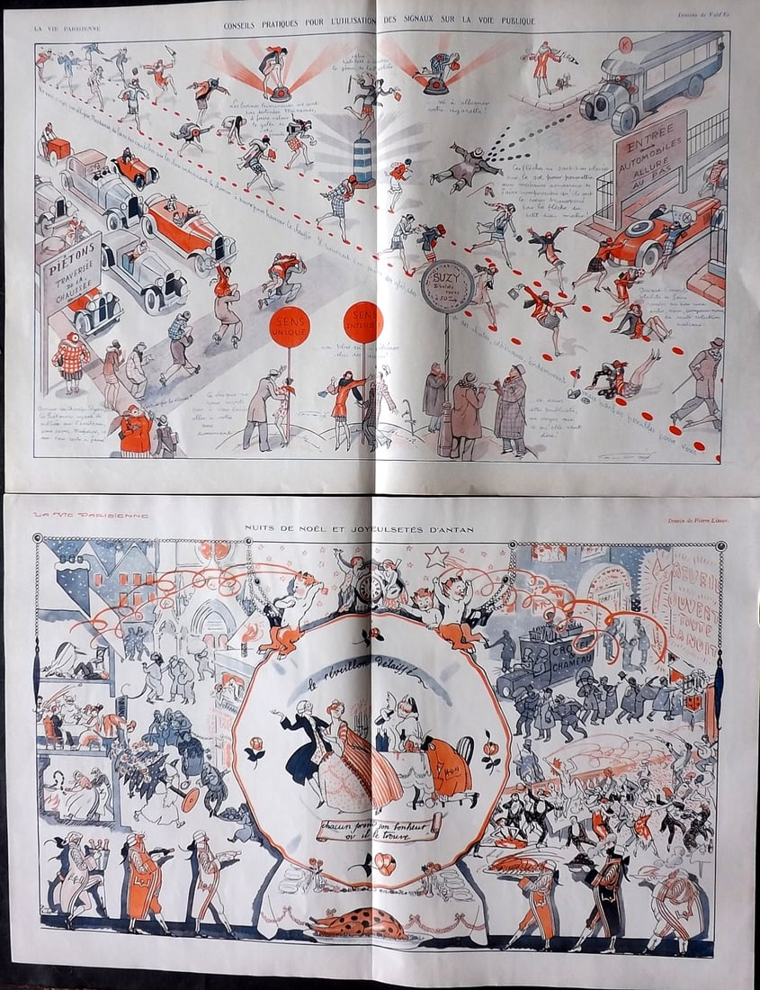 La Vie Parisienne 1928 Pair of Large Folio Double Prints: Lithographs Published 1928, Paris for "La Vie Parisienne" Illustrated by Lissac, Barbier, Vallet, Valee, Prejelan, Herouard, Fournier, Kuhn-Regnier, Georges Léonnec and others. Verso text, but none s