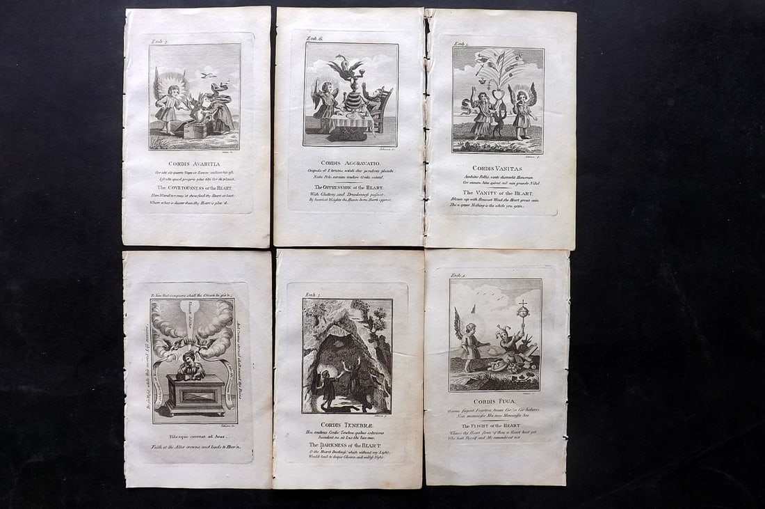 Quarles, Francis 1808 Lot of 6 Antique Emblem Prints: Copper Plate Published 1808, London for "Emblems, Divine and Moral; Together with Hieroglyphics of the Life of Man" by Francis Quarles. Reverse side blank. Paper Size: 6 x 3.5 inch (16 x 9cm) Good Con