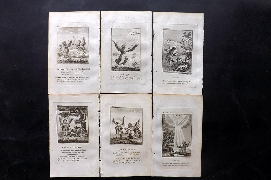 Quarles, Francis 1808 Lot of 6 Antique Emblem Prints: Copper Plate Published 1808, London for "Emblems, Divine and Moral; Together with Hieroglyphics of the Life of Man" by Francis Quarles. Reverse side blank. Paper Size: 6 x 3.5 inch (16 x 9cm) Good Con