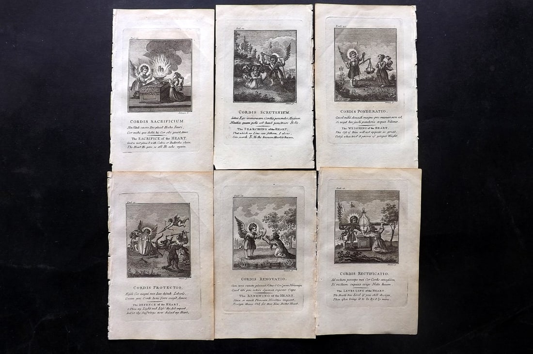 Quarles, Francis 1808 Lot of 6 Antique Emblem Prints: Copper Plate Published 1808, London for "Emblems, Divine and Moral; Together with Hieroglyphics of the Life of Man" by Francis Quarles. Reverse side blank. Paper Size: 6 x 3.5 inch (16 x 9cm) Good Con